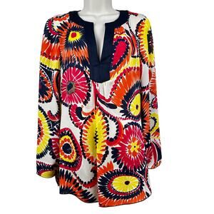 Trina Turk Tunic Blouse Top Silk Floral Bright Blue Orange Yellow Pink Med Boho